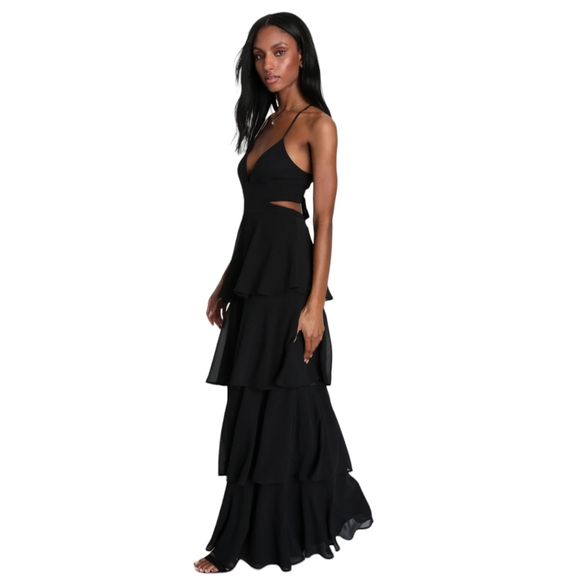 LULUS Tier and Now Black Tie-Back Tiered Maxi Dress XS - Picture 5 of 6